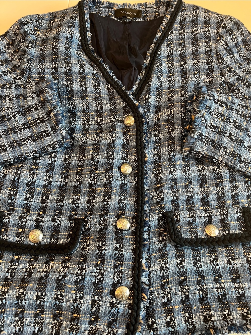 Talbots - 10, Blue/Navy, Tweed Braided-Trim Jacket, textured, woven, classy